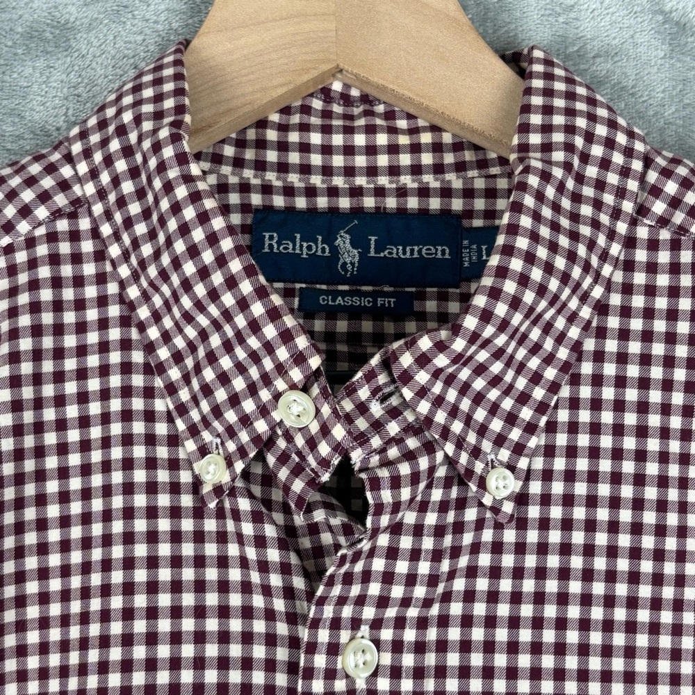 Ralph‎ Lauren Shirt Mens Large Classic Fit Burgundy Gingham Button Down - Picture 9 of 12